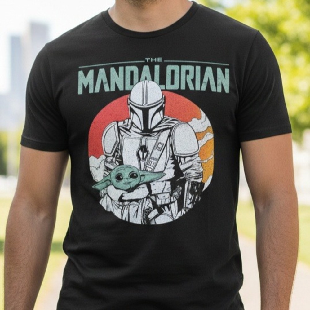 Star Wars Mandalorian T Shirt Lg Black Mad Engine Grogu‎ Baby Yoda Retro Sunset